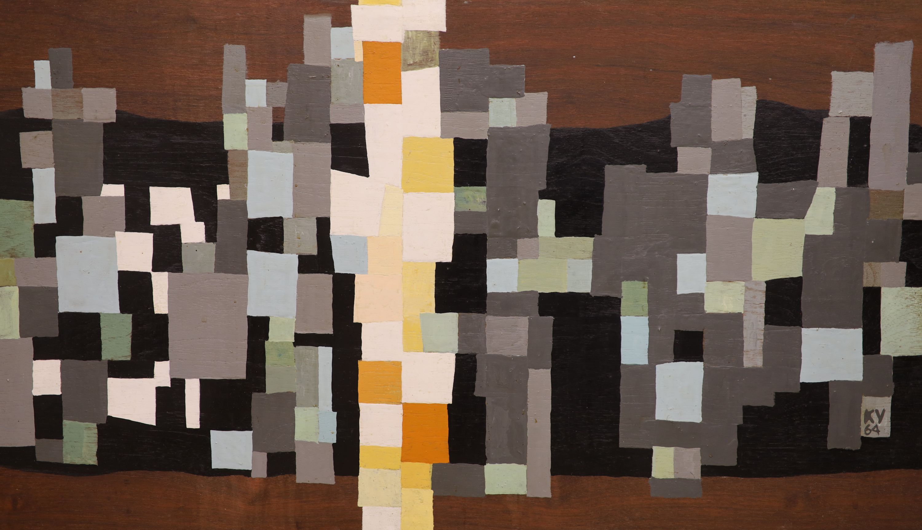 Kurt Vonnegut (1922-2007), oil on mahogany panel, Untitled, initialled and dated '64, 44 x 76cm